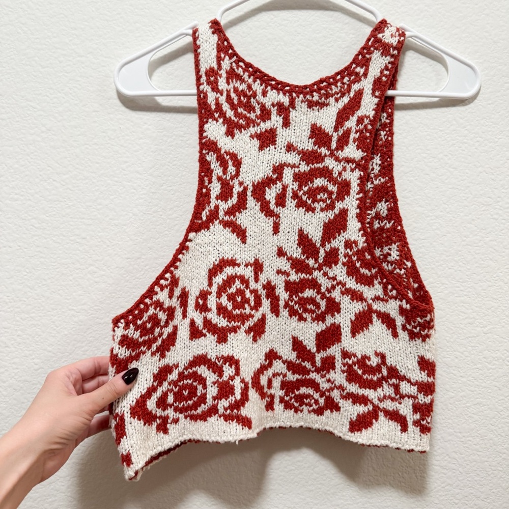 Free People Red and Cream Rose Knit Crop Tank